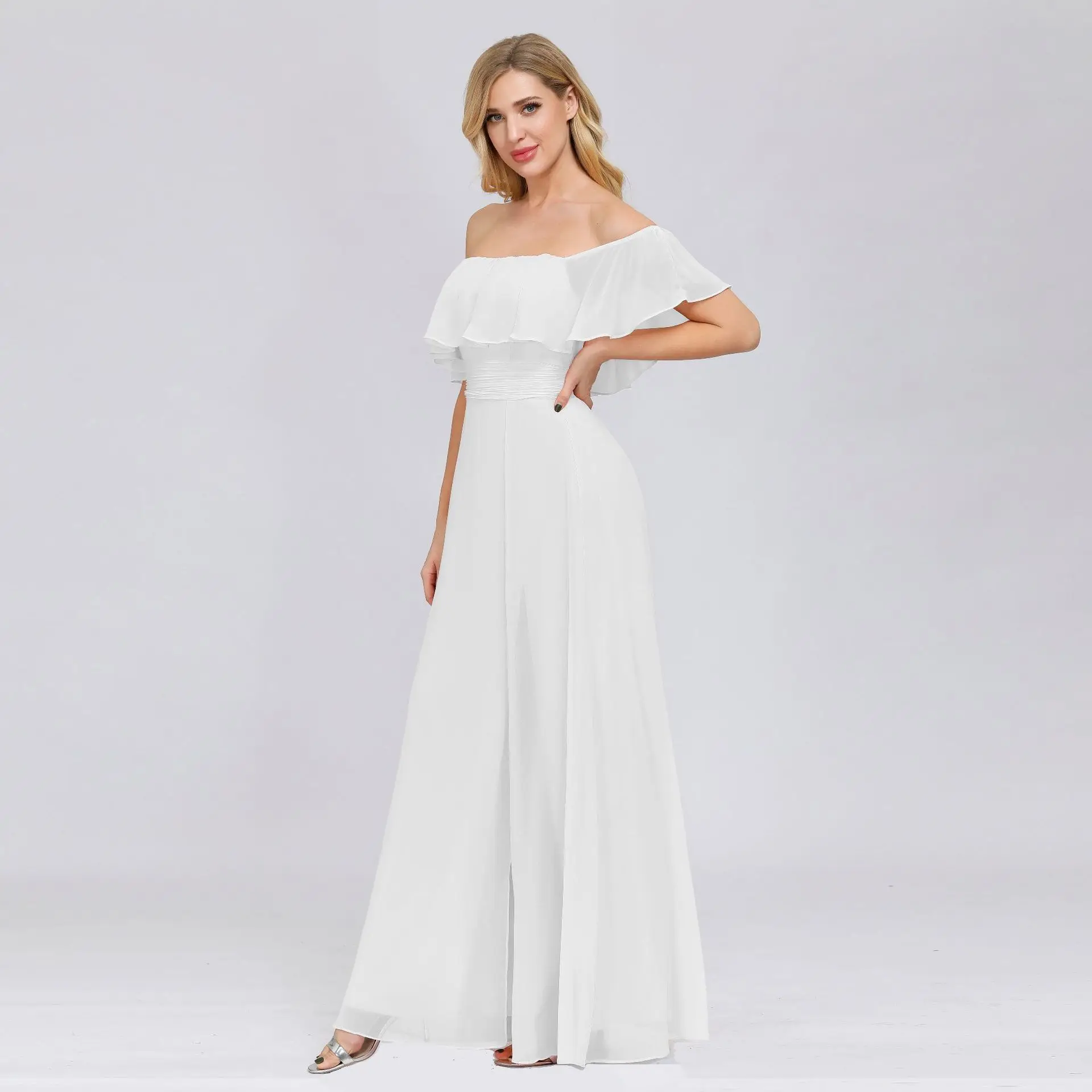 

2020 Plus Size Chiffon Evening Dress Off Shoulder Split Party Dress Vestido de Fiesta Ankle Length Formal Prom Dress HJQ-00015