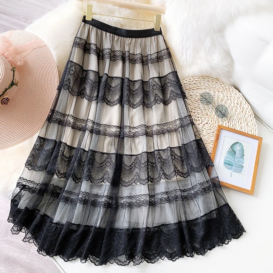 

Multi-layer Lace Patchwork Tulle Cake Skirts 2021 New Korean Style Vintage Slim Mesh A-Line Women Skirt Elegant Faldas Largas