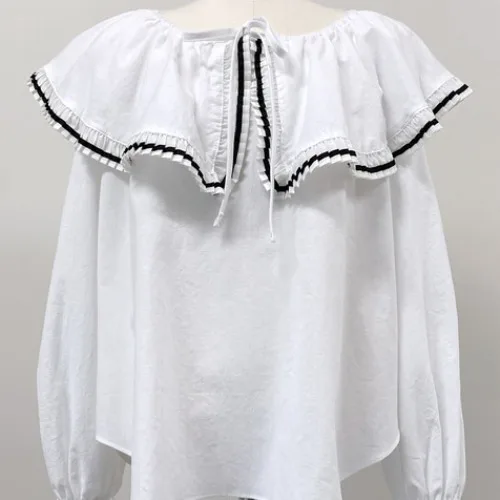 

LXUNYI Sexy Blouse Women Long Sleeve Ruffles Lantern Sleeve White Blouse blusas mujer Woman Top Solid Cotton Slash neck