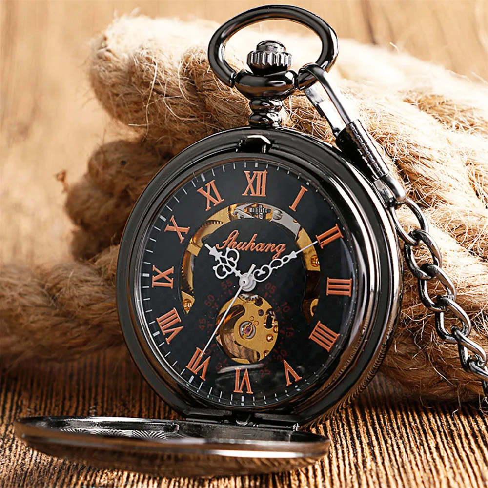 Vintage Black Hollow Flower Half Hunter Mechanical Pocket Watch Exquisite Luxury Pendant Pocket Clock Hand Winding Timepiece