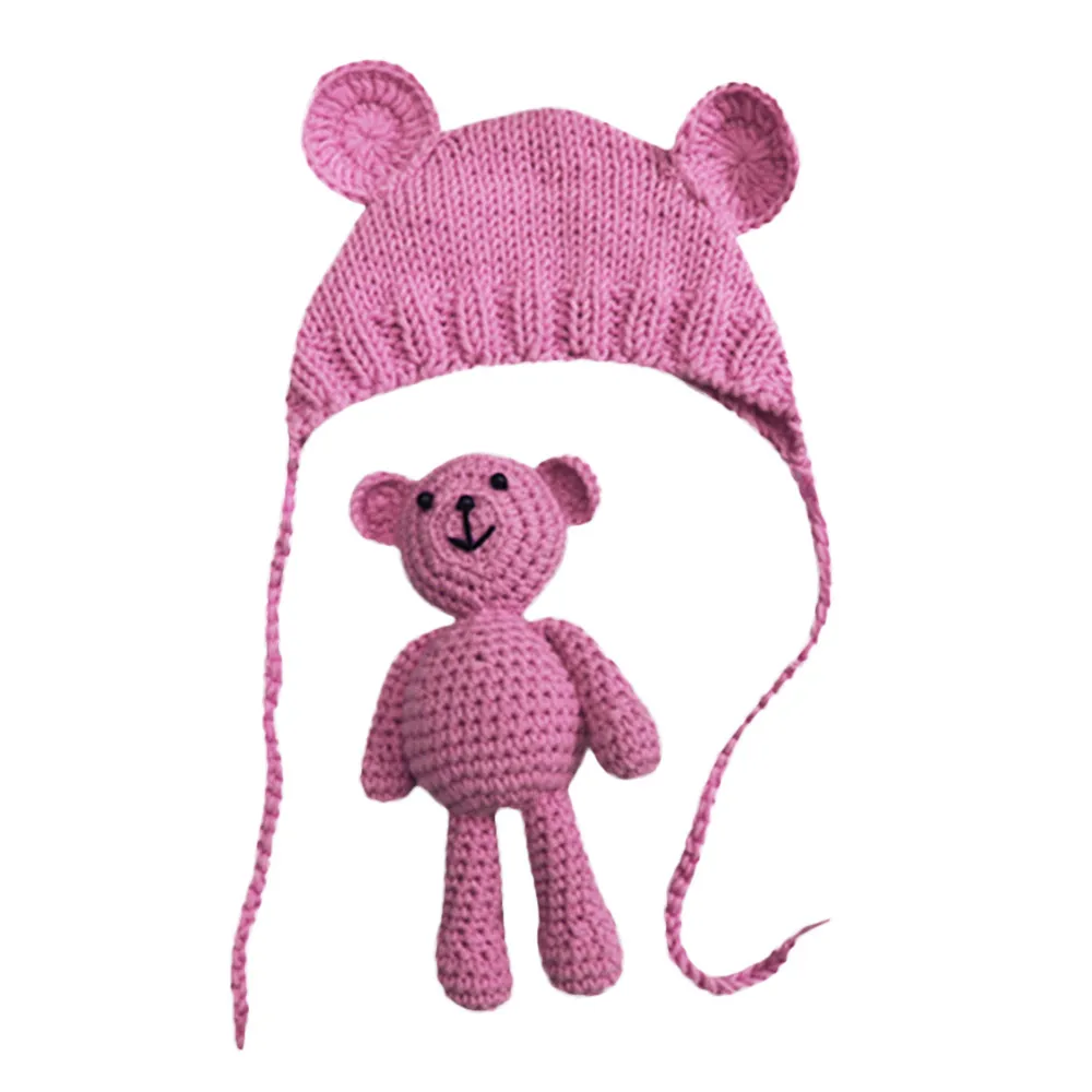 

Baby Bear Bonnet Photography Props Knitted Teddy Bear Hat Crochet Newborn Flower Hat Baby Girl Hat Photo Prop Bear Cotton