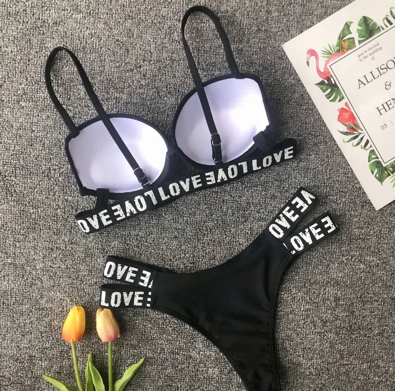

2021 Sexy Women Sports Swimwear Bikini Set Two Piece Letter Strap Splicing Solid Swimsuit Push Up Female Beachwear Bathing Suit