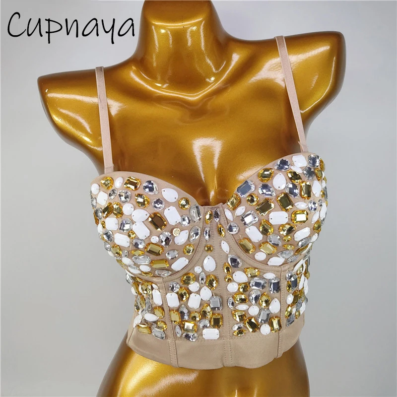 Cupnaya-Top corto de LICRA con purpurina y cristales para mujer, corpiño Sexy para mujer, bralette para discoteca, Top corto con tirantes