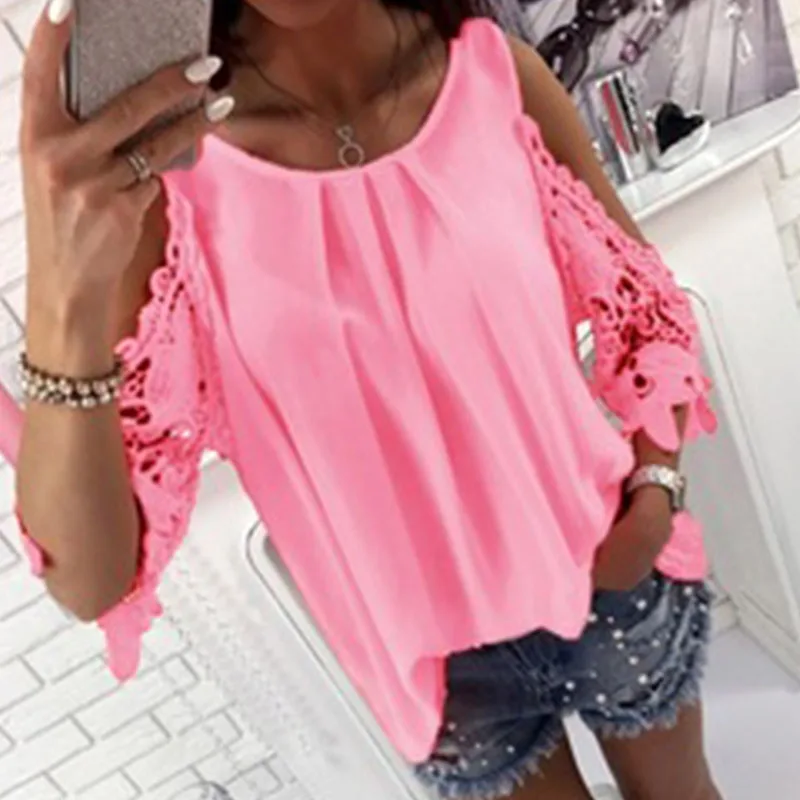 

Ladies Short Sleebe Blouse Solid Womens Off Shoulder Loose Shirt Summer Hollow Out Sleeve Office Shirts Blouses Streetwear