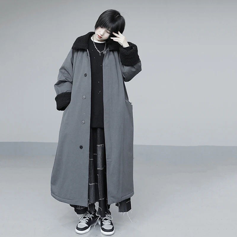 

[EAM] Loose Fit Gray Lambswool Big Size Long Thick Jacket New Lapel Long Sleeve Women Coat Fashion Autumn Winter 2021 1DD0781