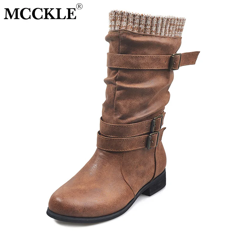 MCCKLE/женские ботинки до середины икры; коллекция года; Сезон Зима; Женские ботинки в стиле ретро из искусственной кожи с пряжкой и ремешком на массивном каблуке; женская повседневная обувь