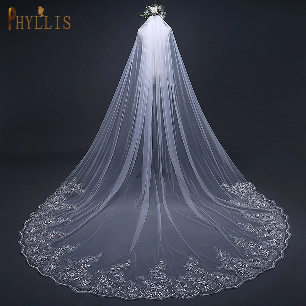 

PHYLLIS B05 White Ivory Wedding Veil with Comb Long Cathedral Veils 2020 Veiled Woman for Party Wedding Veil with Lace Applique
