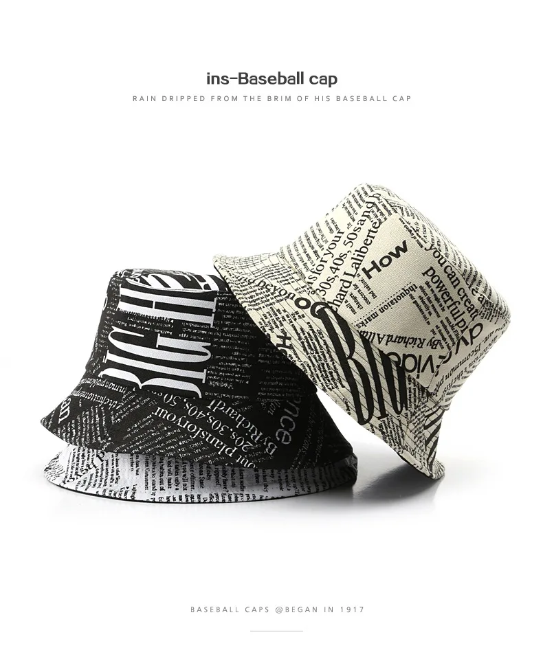 

Cotton Bucket Hats for Women and Men Fashion Newspaper Print Fisherman Hat Summer Sun Hats Unisex Panama Hat Casual Hip Hop Hat