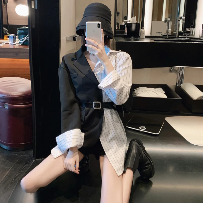

2021 spring and autumn new striped stitching mid-length suit jacket ladies suit design sense niche top suit