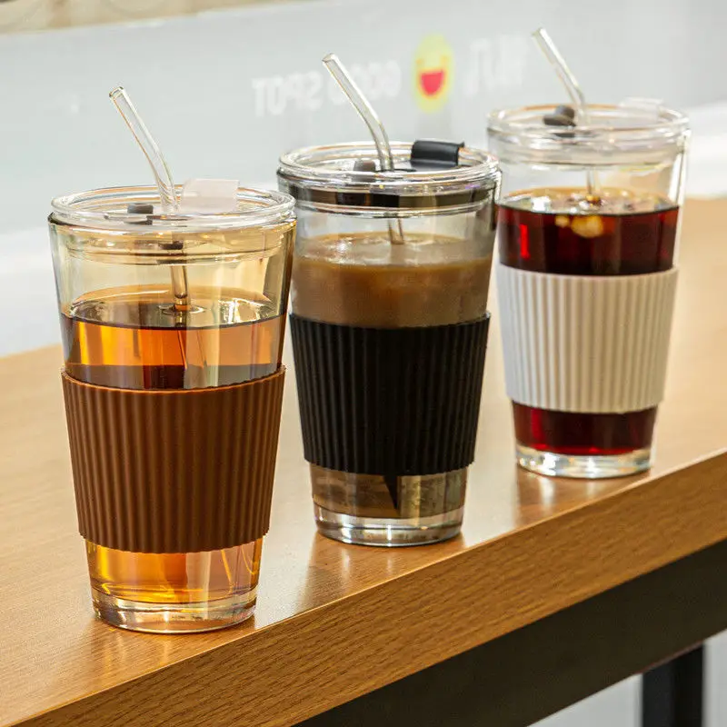 

Coffee Cup Simple Glass Straw Cup Office Cup with Lid Student Portable Glass Cup Cup with Straw