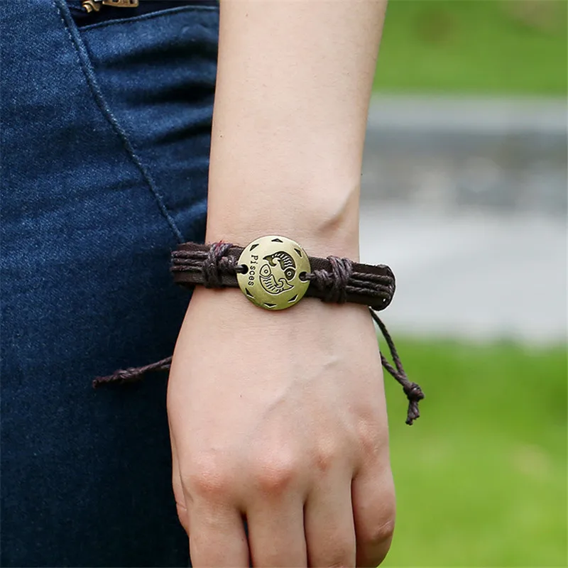 Браслеты с 12 созвездиями очаровательный кожаный браслет Зодиак оплетенный