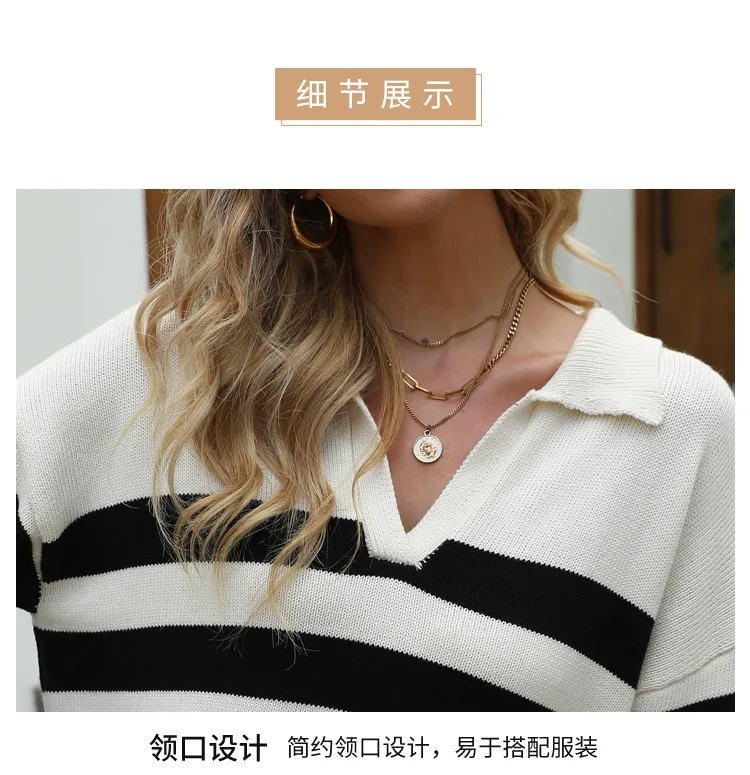 

Autumn Winter Casual Loose Sweater Women 2021 New Striped Pullover Knitted Polo Collar Long Sleeve Fashion Clothes Y230