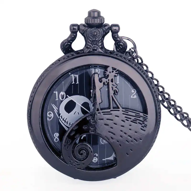 Черный Кошмар перед Рождеством кварцевые старинные карманные часы черная сталь мужчины женщины кулон часы с ожерельем подарки Fob часы - Цвет: Черный