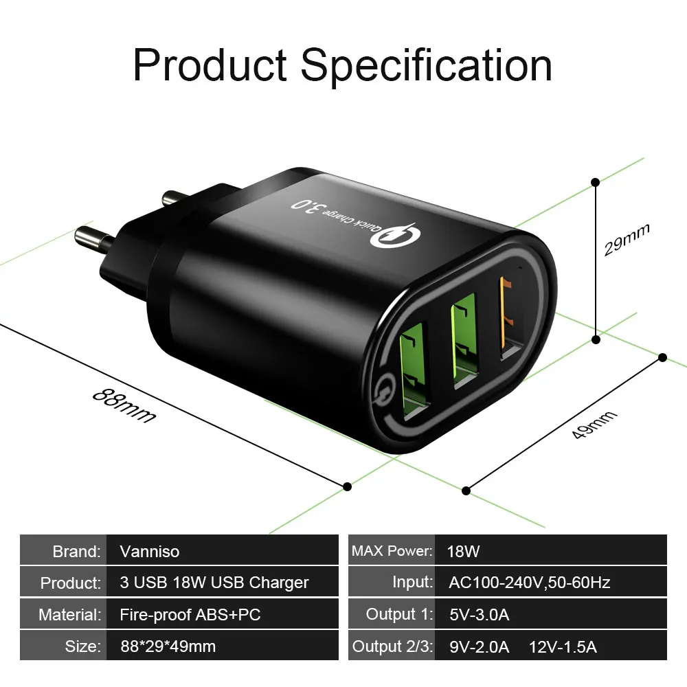 Зарядное устройство USB Vanniso 3 для быстрой зарядки iphone X 7 8 samsung A30 Xiaomi Redmi K20 настенное