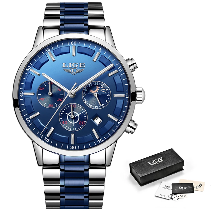

LIGE Mens Watches Top Brand Luxury Blue Steel Quartz 2019 Chronograph Waterproof Watch Business Full Steel Men Watch Blue Clock