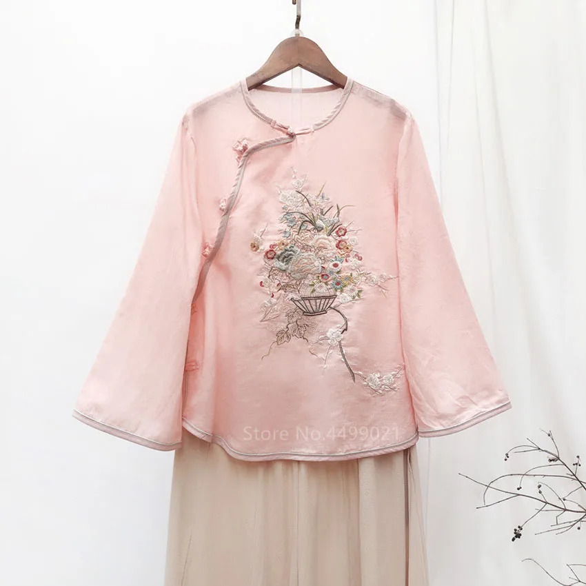 Традиционная женская льняная шифоновая рубашка топ в китайском стиле винтажная