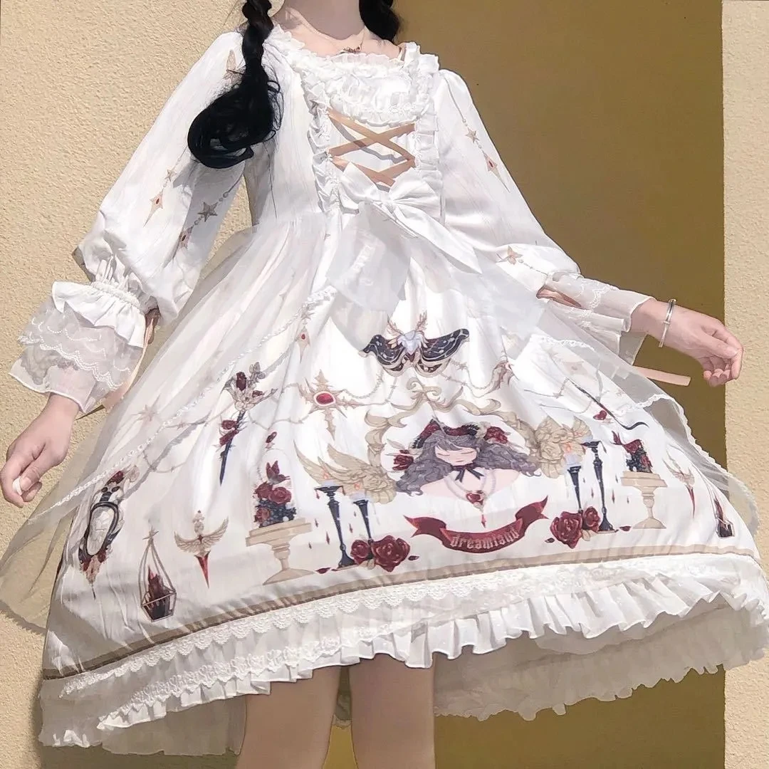 MAGOGO  Japanese Soft Girl Lolita Dress Dream Lace Sleeve Cartoon White OP Dress With Side Clip Size S-L