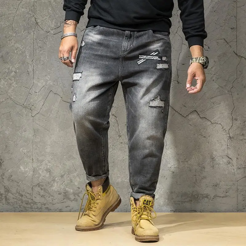 

Men's Fashion Trend Locomotive Jeans Embroidery Trousers Male Ripped Denim Pants