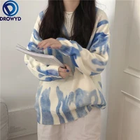 2021 autumn and winter lazy retro o neck spray dye printing long sleeved loose thick knitted sweater single breasted jacket coat