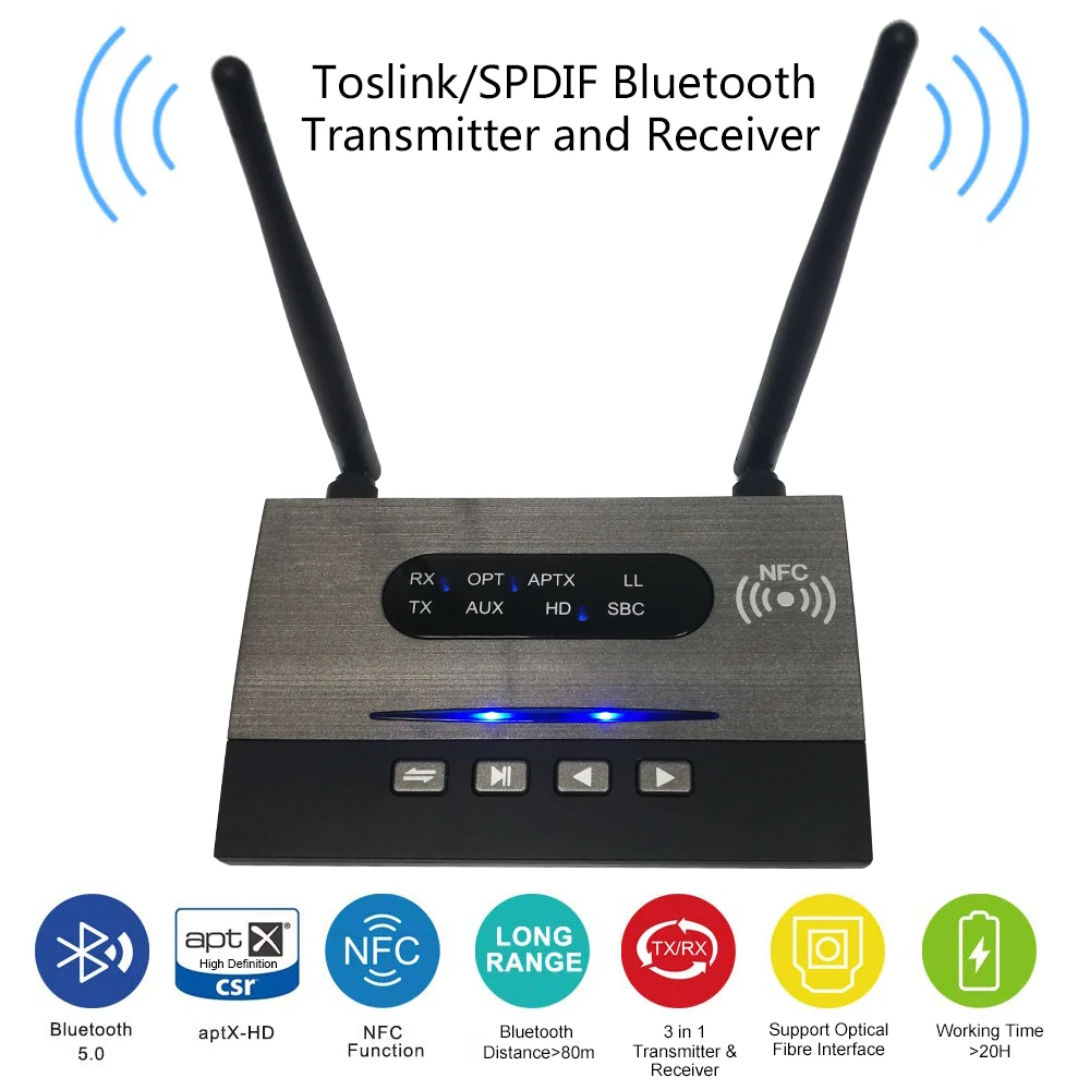 

New Arrival Bluetooth 5.0 Transmitter Receiver NFC Audio Adapter APTx-HD LL Optical 3.5mm RCA AUX for TV/Home Stereo Headphone