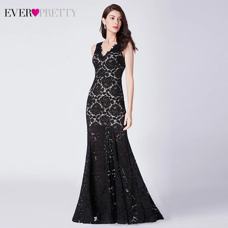 Сексуальные черные кружевные вечерние платья Ever Pretty EP07389BK Ruched с двойным v-образным вырезом без рукавов прозрачные вечерние платья русалки
