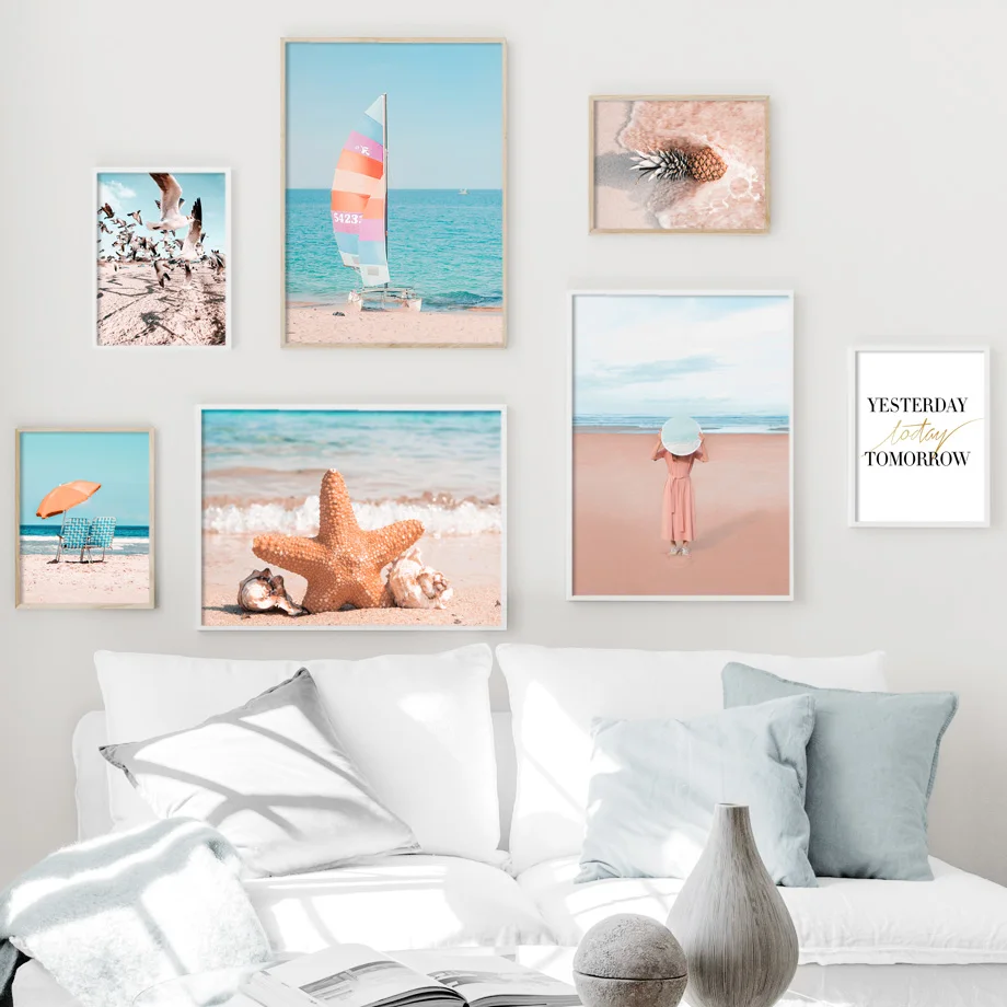 Beach Girl Seagull Sailboat Starfish Wall Art Canvas Painting Home Decor Posters And Prints pictures For Living Room Decoration | Дом и сад