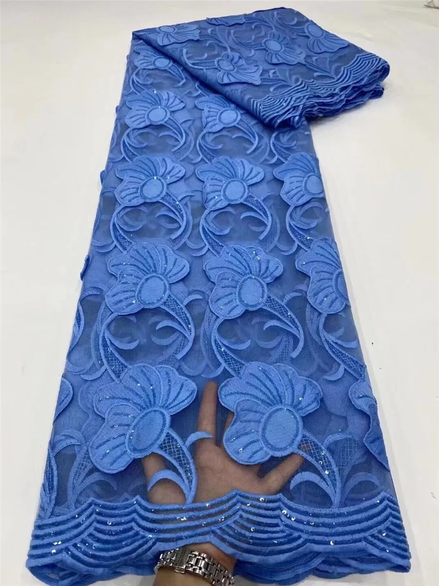 

Sky Blue African Floral Tulle Lace Fabric Embroidery French Net Material Nigerian Mesh Cloth With Sequins For Dress 5Yards PN35