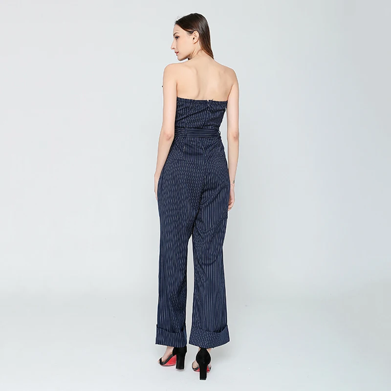 

VGH Stripe Jumpsuit For Women Off Shoulder Sexy Backless Ruffle Sleeveless High Waist Belt Wide Leg Pants Female Spring New 2021