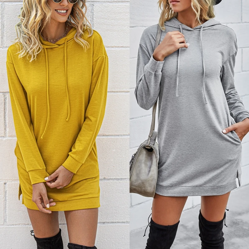 

Women Long Sleeve Sweatshirt Dress Solid Color Drawstring Hoodie Slit Tunic Tops BX0B