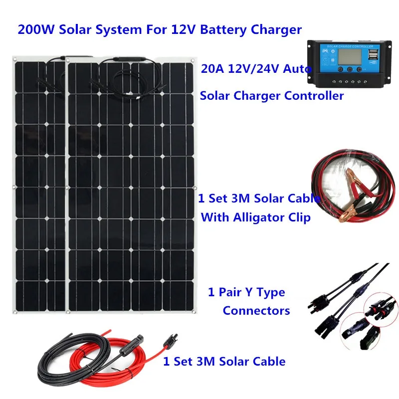200W Гибкая Панели солнечные с моно солнечных ячеек 20A блок управления установкой