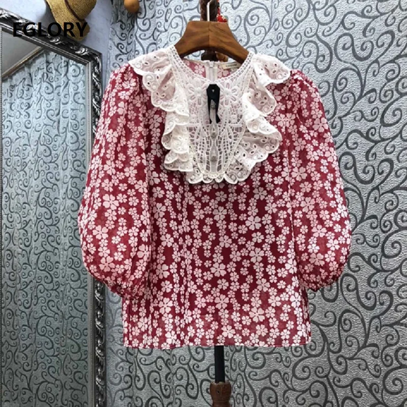 

High Quality Cotton Blouses 2021 Spring Summer Designer Fashion Women Little Floral Print Ruffle Embroidery Red Blue Vintage Top