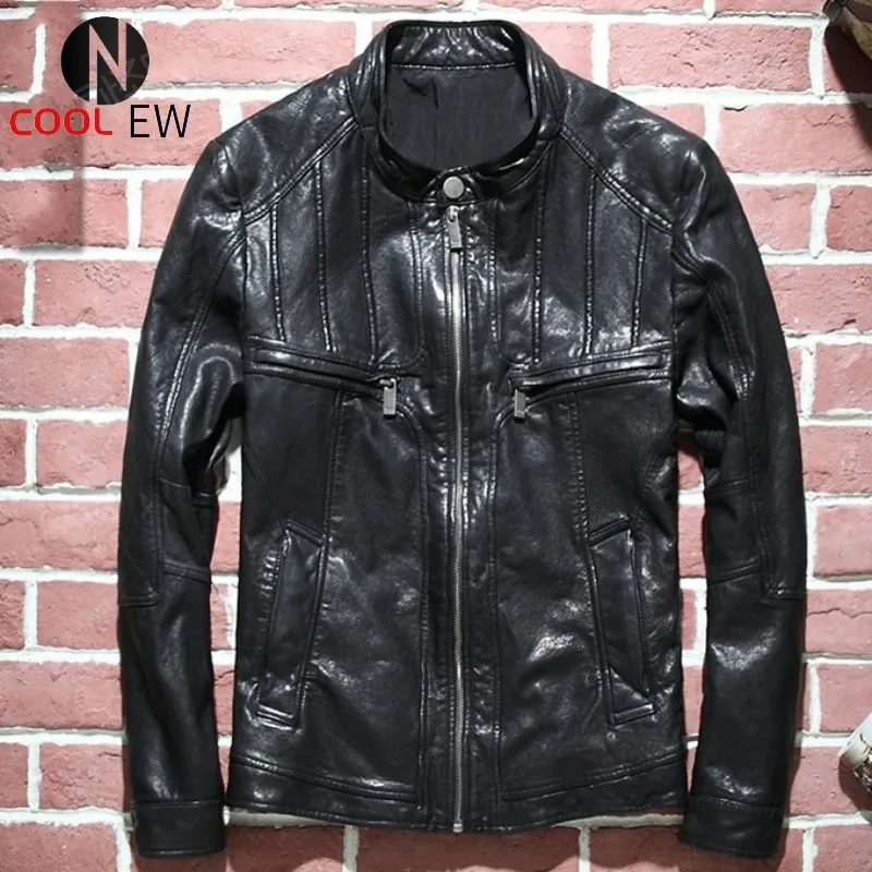 

Brand Motorcycle Sheepskin Short Coat Men Fashion Slim Genuine Leather Jacket Plus Size 5XL Autumn Stand Collar Zipper Outerwear