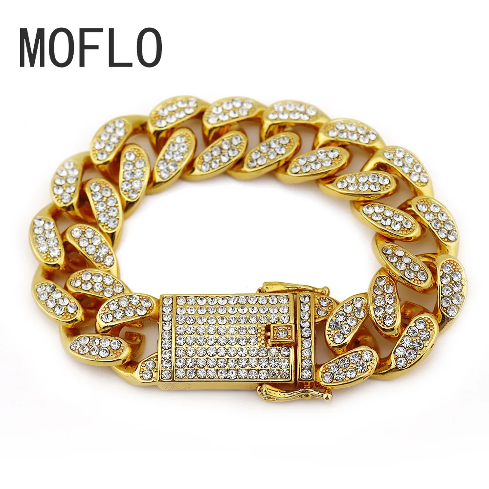 MOFLO хип хоп 18 мм широкий браслет стразы Майами кубинская цепь Bling Rap мужские
