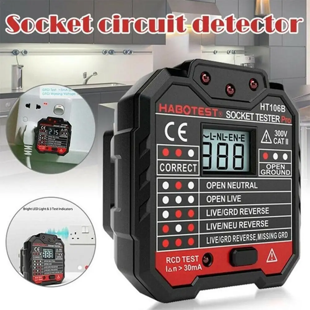 

1Pcs HT106 Socket Tester Pro Voltage Test Socket Detector Plug Phase US Ground Line Display With LCD Check Zero EU Plug Pol Q4U8