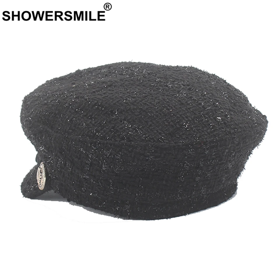 SHOWERSMILE/черная модная твидовая шляпа в стиле милитари Женская шапка моряка Сезон