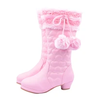 ulknn winter snow boot for children girls high heeled princess leather footwear cute shoes comfortable velvet warm non slip zip