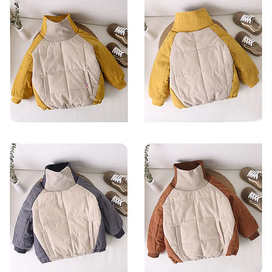 

Winter Colorblock Thick Warm Fleece Jacket Boys 2-8 Years Casual Turtleneck Outerwear Kids Drawstring Hem Velvet Coat For Girls