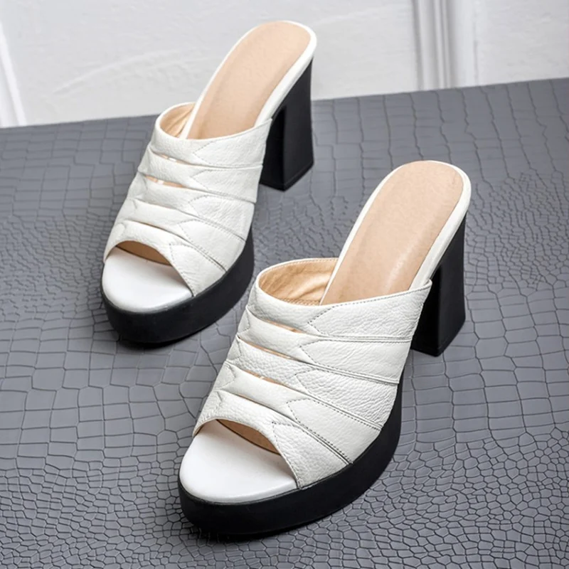 Женские шлепанцы из натуральной кожи сандалии на платформе и высоком каблуке с