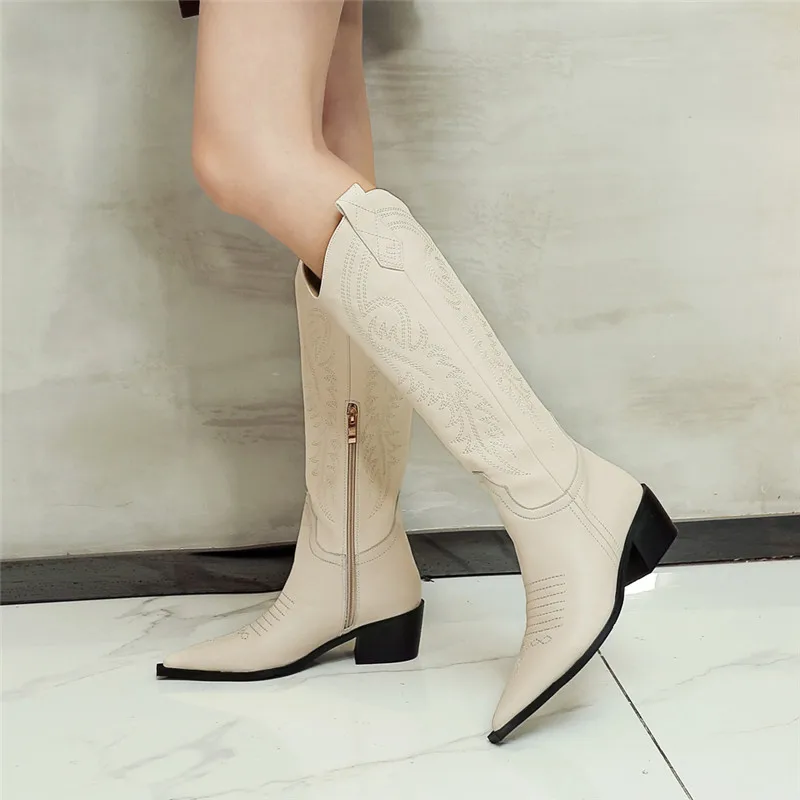 Женские ковбойские сапоги до колена MORAZORA черные из натуральной кожи с острым