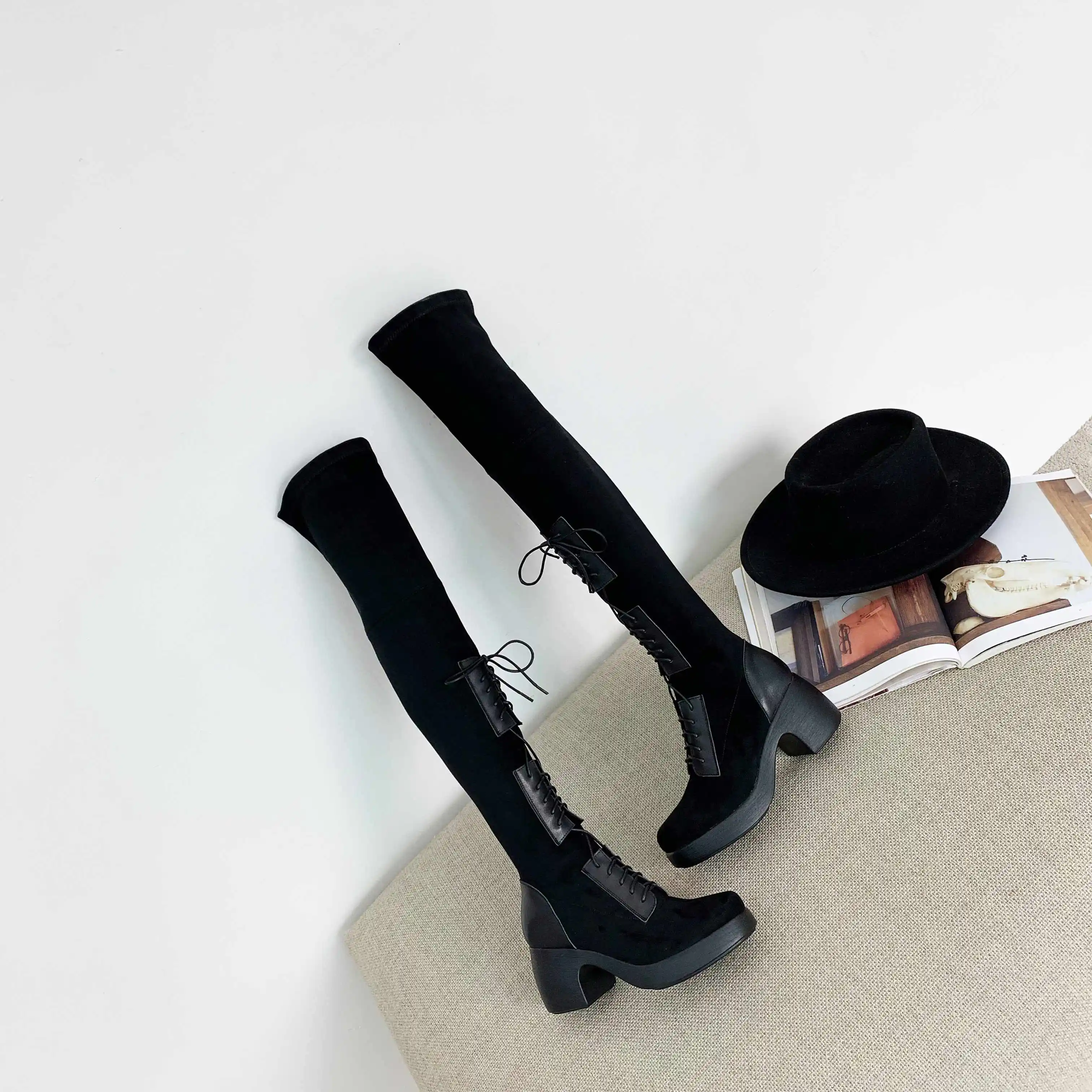 Lenkisen unique lace up stretch boots round toe high heels thick bottom winter keep warm women fashion over-the-knee boots L32