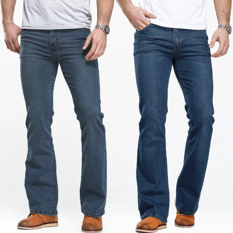 Новинка 2021, мужские джинсы с вырезами, слегка расклешенные облегающие синие и черные брюки, дизайнерские классические мужские джинсовые Ст...