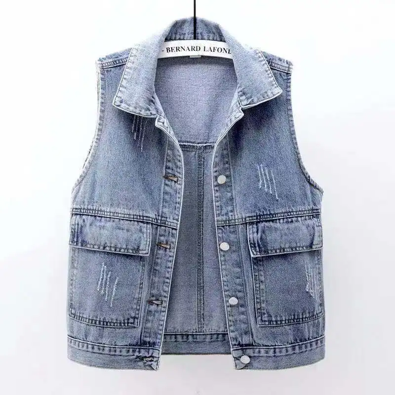 

Vests Women Single Breasted Turn-down Collar Pockets Blue Denim Vintage Oversized BF Couples Spring Autumn Clothing Hipster Teen