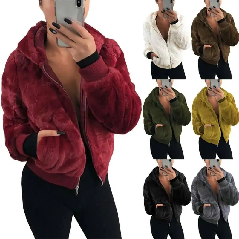 

Womens Winter Warm Faux Fur Coat Jacket Teddy Bear Fluffy Fleece Hoodies Outwear