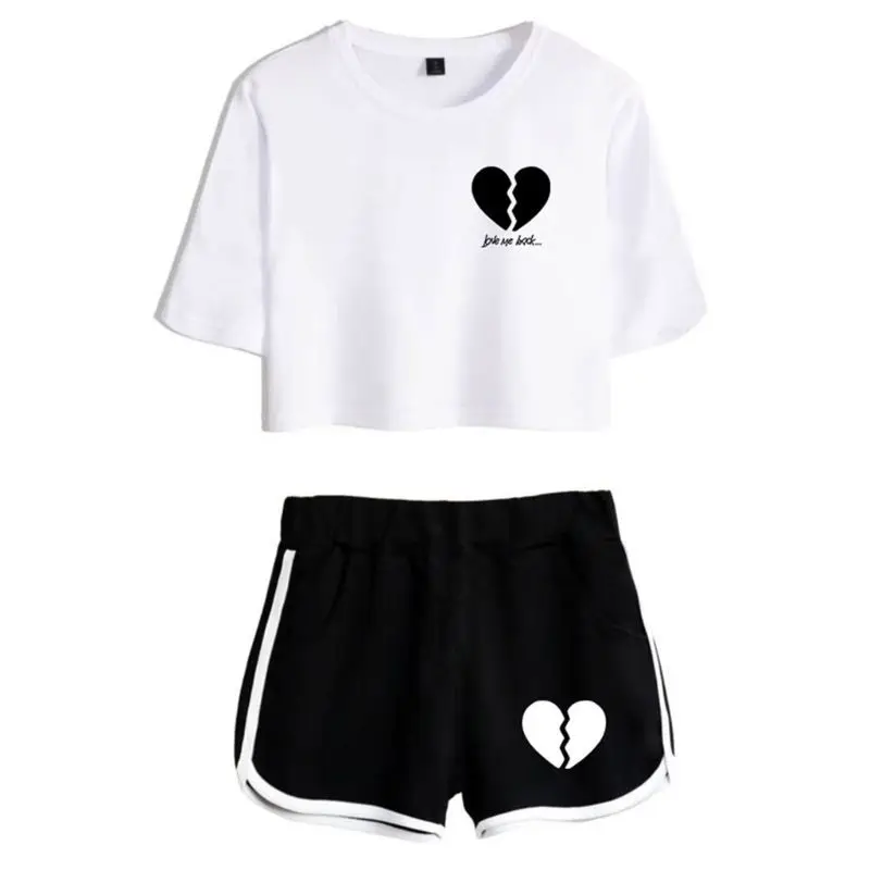 

Women Summer 2 Piece Outfit Short Sleeve Crop Top T-Shirt Dolphin Shorts Broken Heart Printed Internet Celebrity Fans Gift Track