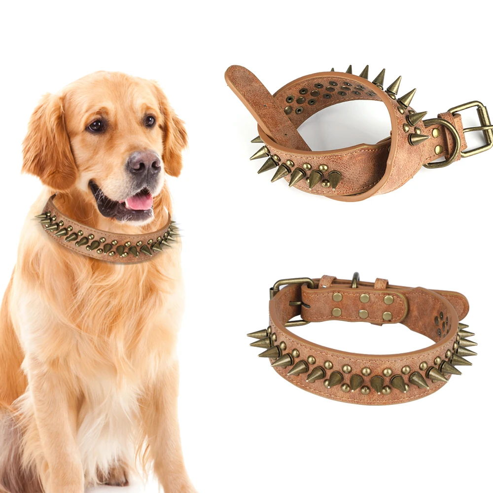 Широкий кожаный ошейник для собак с заклепками и шипами прочный регулируемый