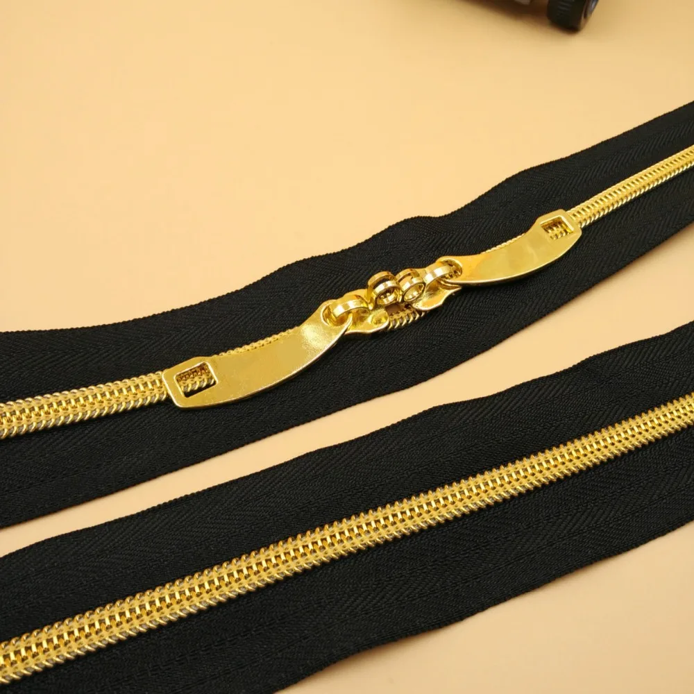 8 # черная ткань золотые зубья нейлоновая молния 5 метров + 4 слайдера с отверстием