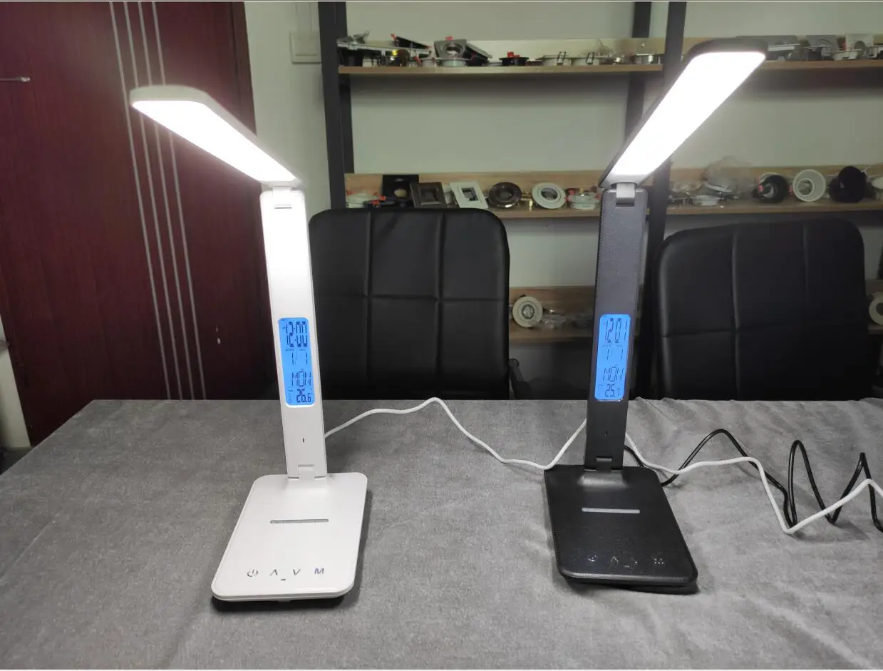 Hot LED Table Desk Lamp 5W QI Wireless Charging with Calendar Temperature Alarm Clock Eye Protect Read Light | Освещение