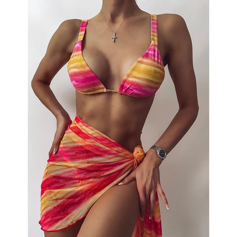 

Colorful Leopard Tie Dye Bikini Female Swimsuit Women Swimwear Three-piece Bikini set With Sarong Bather Bathing Suit Swim