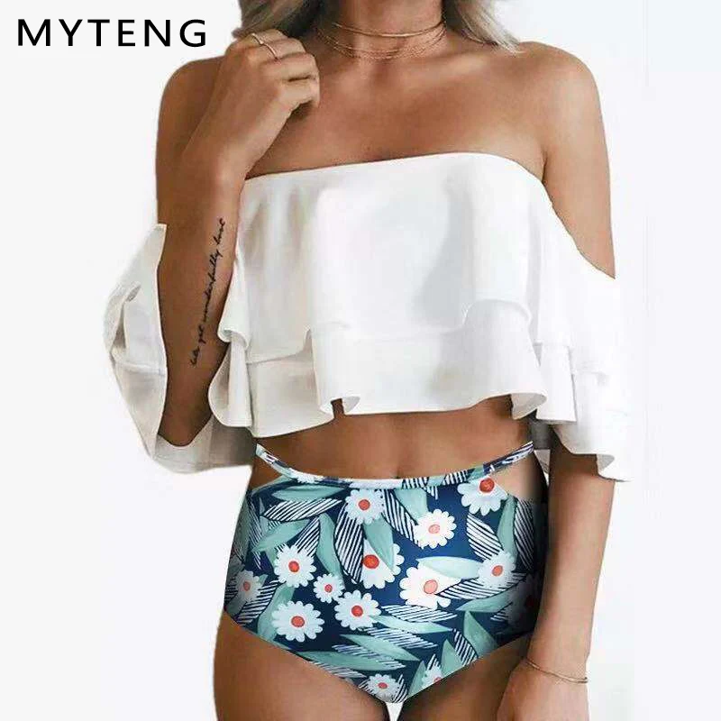 Сексуальное бикини в стиле ретро бандо с принтом рюшами открытыми плечами