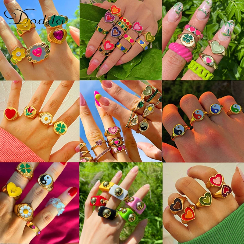 

Новинка, металлические кольца Y2K радужного цвета для женщин, акриловое кольцо из смолы 2021, женское богемное цветное кольцо с цветком и сердц...